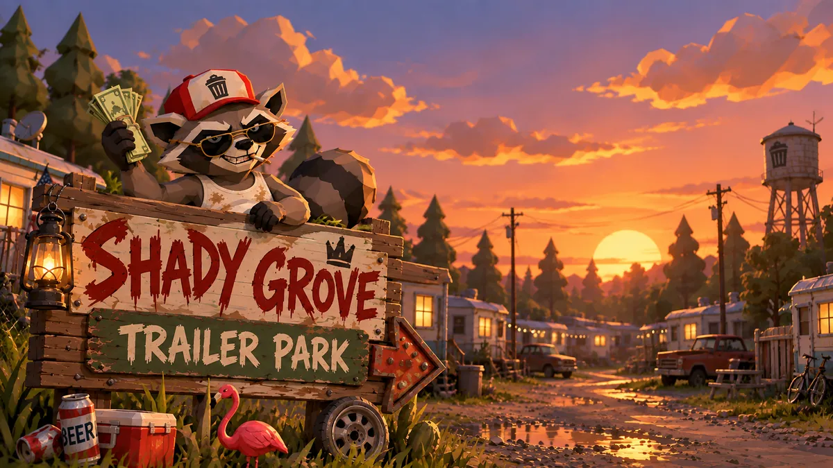 A raccoon in sunglasses and a trash-can cap leans over the Shady Grove Trailer Park sign at sunset, holding a fistful of cash.
